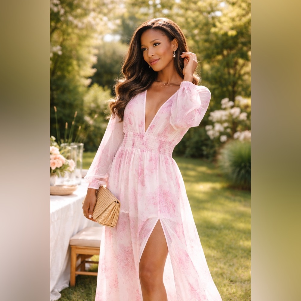 Balance Pink Floral Sheer Maxi Dress Boho Resort Vacation Cover Up Size L NWT